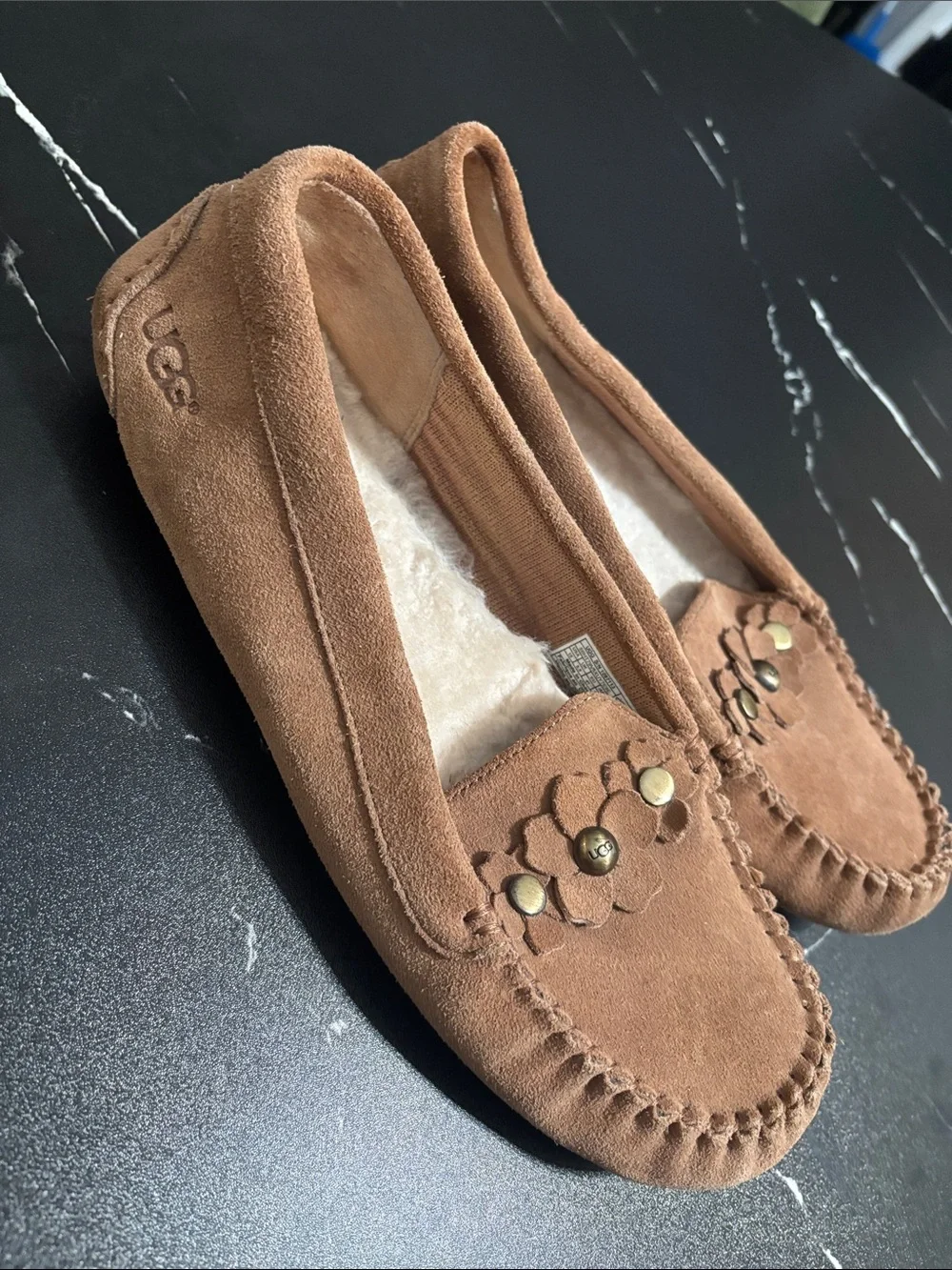 UGG Chestnut Suede Floral Studded Espadrille Flats